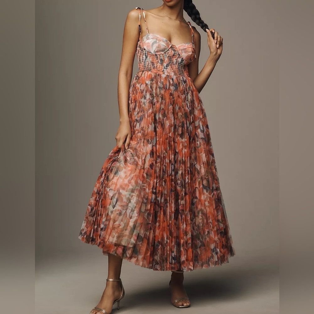 Anthropologie Orange Floral Pleated Maxi Dress